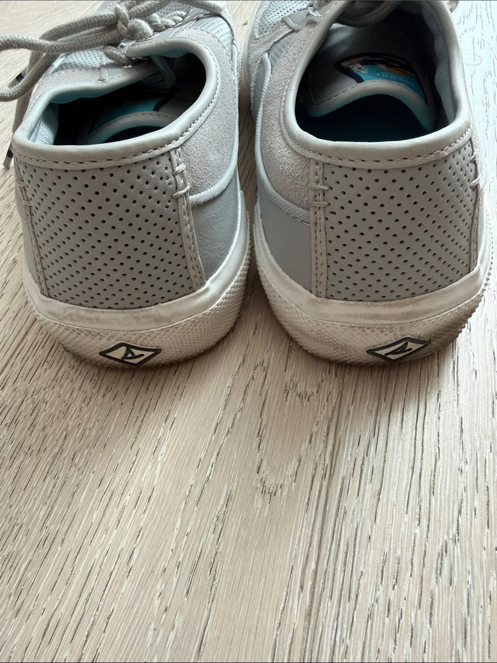 Sperry Light Gray Perforated Lace-Up Boat Shoes with Teal Insoles